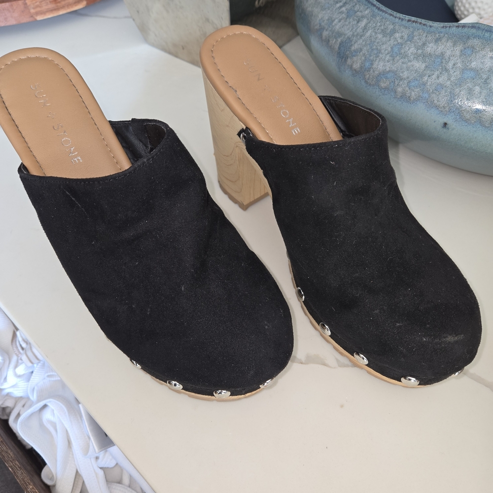 Sun + Stone Black Mules with Wooden Heel
